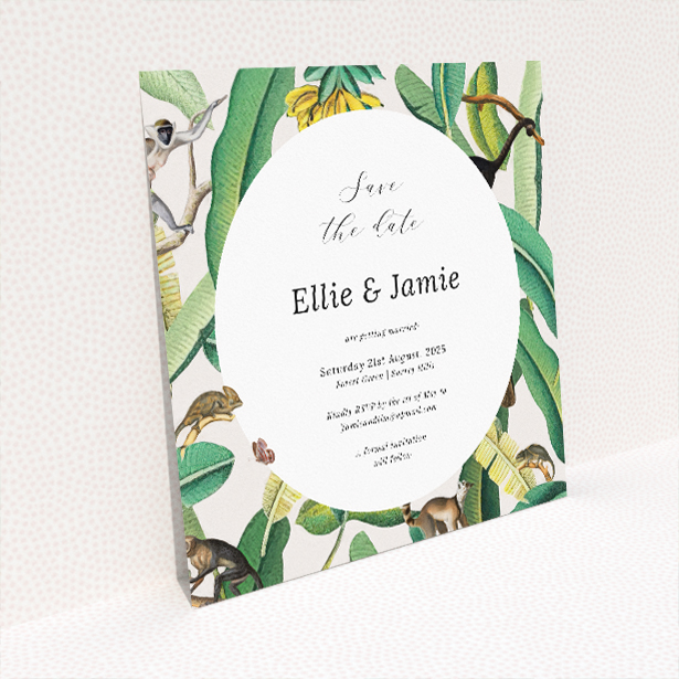 Jungle Oasis wedding save the date card featuring exotic foliage and jungle fauna design. This image shows the front and back sides together