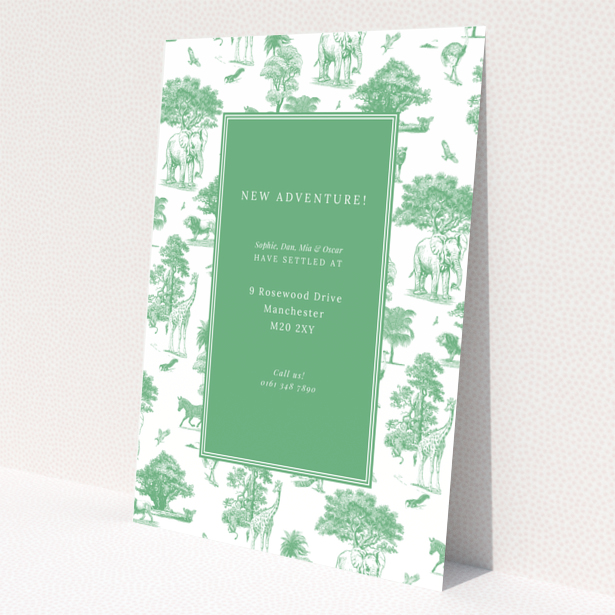 Green nature-themed change of address card with one photo placeholder