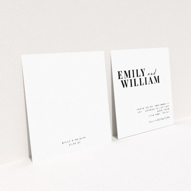 "Kew Simplicity wedding invitation featuring modern minimalism with bold black typography on pristine white background, offering elegance and clarity for a sophisticated statement in wedding stationery.". This image shows the front and back sides together