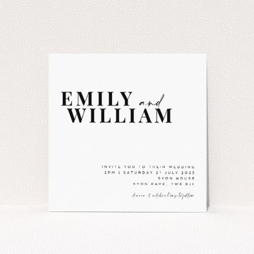 "Kew Simplicity wedding invitation featuring modern minimalism with bold black typography on pristine white background, offering elegance and clarity for a sophisticated statement in wedding stationery.". This is a view of the front