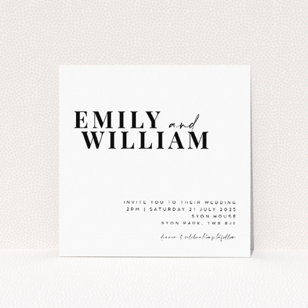 "Kew Simplicity wedding invitation featuring modern minimalism with bold black typography on pristine white background, offering elegance and clarity for a sophisticated statement in wedding stationery.". This is a view of the front