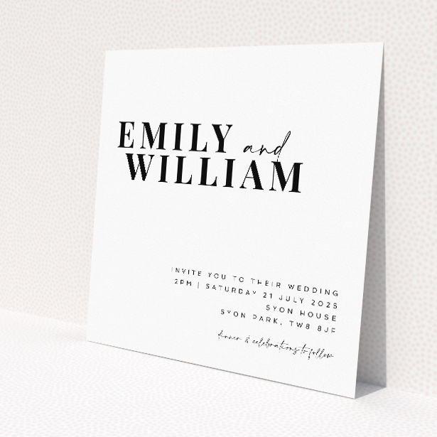 "Kew Simplicity wedding invitation featuring modern minimalism with bold black typography on pristine white background, offering elegance and clarity for a sophisticated statement in wedding stationery.". This image shows the front and back sides together