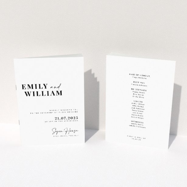 Utterly Printable Kew Simplicity Wedding Order of Service A5 Portrait Booklet - Crisp White Background with Classic Serif and Script Typography. This image shows the front and back sides together