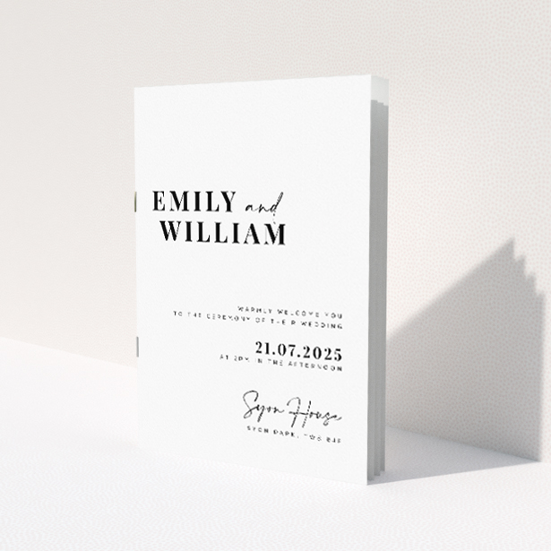 Utterly Printable Kew Simplicity Wedding Order of Service A5 Portrait Booklet - Crisp White Background with Classic Serif and Script Typography. This is a view of the front