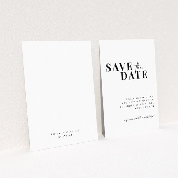 Kew Simplicity wedding save the date card with contemporary elegance featuring strikingly simple black text on crisp white background. This is a view of the back