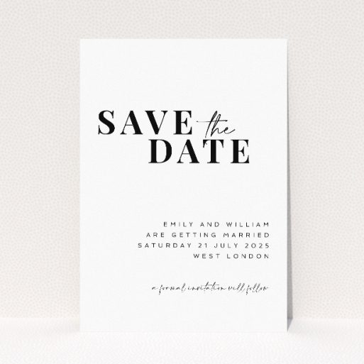 Kew Simplicity wedding save the date card with contemporary elegance featuring strikingly simple black text on crisp white background. This is a view of the front