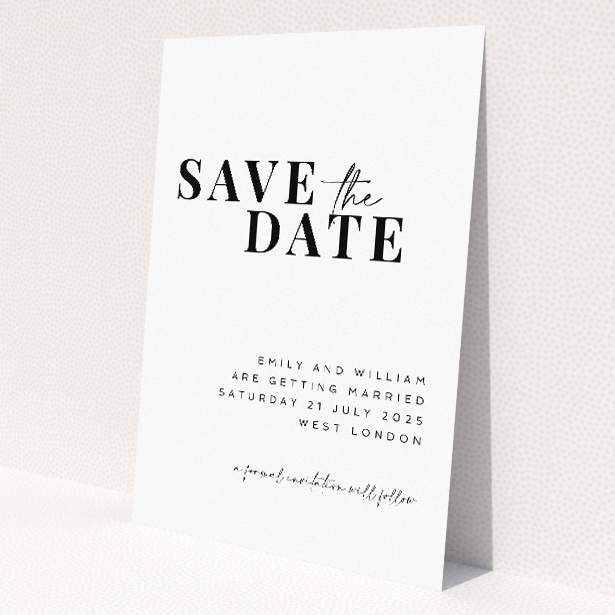 Kew Simplicity wedding save the date card with contemporary elegance featuring strikingly simple black text on crisp white background. This is a view of the front