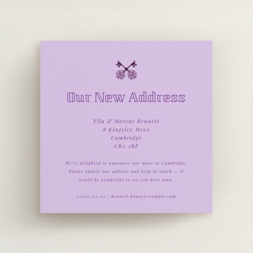 Elegant Address Update Elegant lavender change of address card design featuring vintage key graphic.