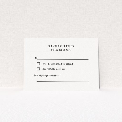 RSVP card with sleek design, monochromatic palette, and iconic wedding ring motifs, complementing the timeless elegance of the Knotting Hill suite for a graceful and modern wedding stationery collection This is a view of the front