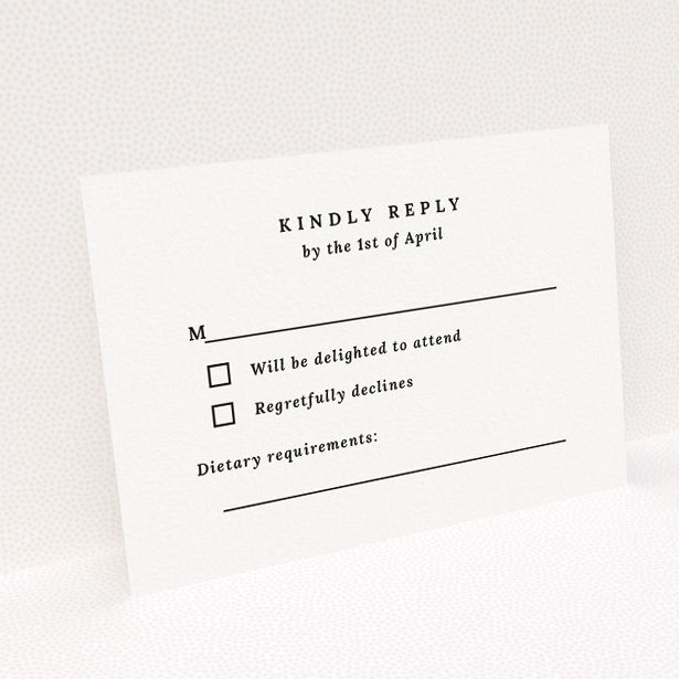 RSVP card with sleek design, monochromatic palette, and iconic wedding ring motifs, complementing the timeless elegance of the Knotting Hill suite for a graceful and modern wedding stationery collection This is a view of the back