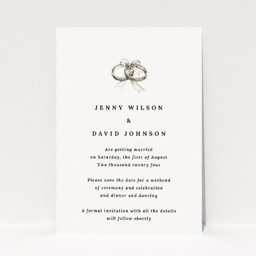 Knotting Hill A6 Save the Date Card - Wedding stationery featuring sketched pair of wedding bands delicately tied with a bow, symbolizing the union of two lives in an elegantly designed card with classic charm and modern design elements This is a view of the front