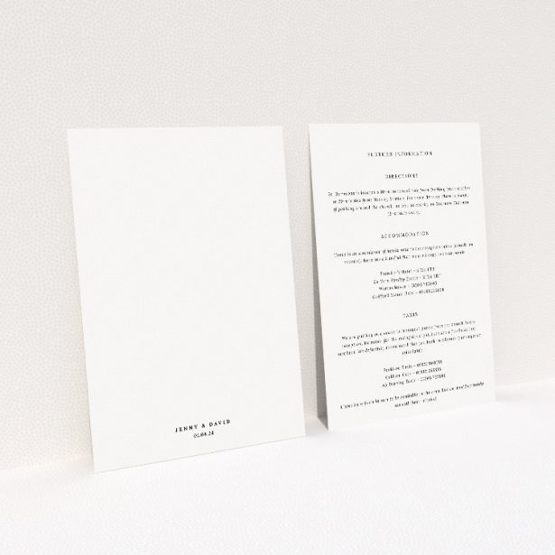 "Knotting Hill wedding information insert card featuring understated elegance and timeless charm, complementing the invitation's classic aesthetic, ideal for sophisticated wedding announcements.". This image shows the front and back sides together
