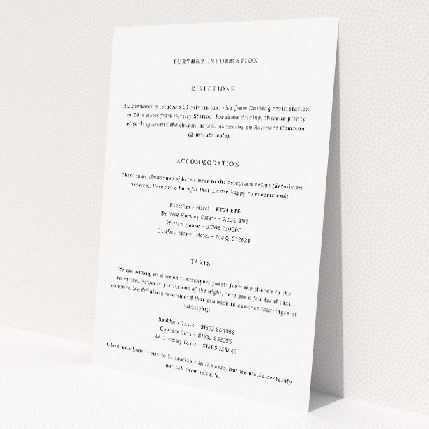 "Knotting Hill wedding information insert card featuring understated elegance and timeless charm, complementing the invitation's classic aesthetic, ideal for sophisticated wedding announcements.". This image shows the front and back sides together