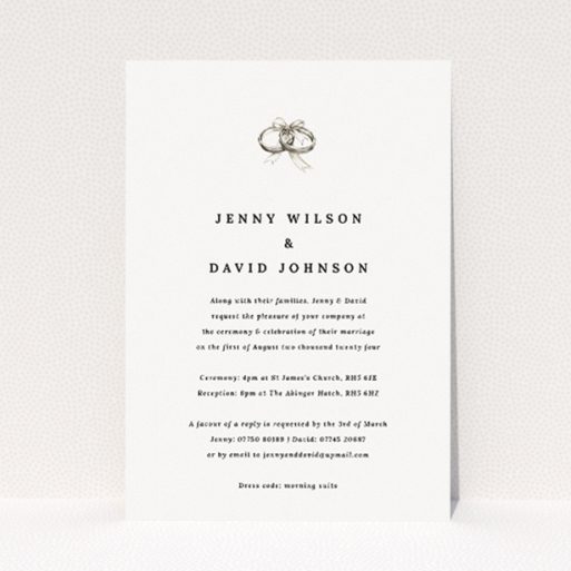 Knotting Hill wedding invitation with crisp monochromatic colour palette and interlinked wedding rings symbolising unity and commitment This is a view of the front