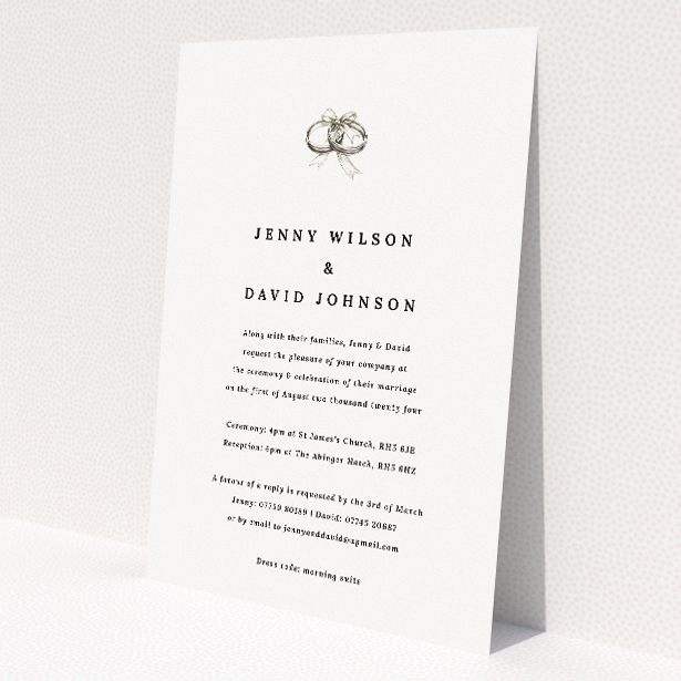 Knotting Hill wedding invitation with crisp monochromatic colour palette and interlinked wedding rings symbolising unity and commitment This image shows the front and back sides together
