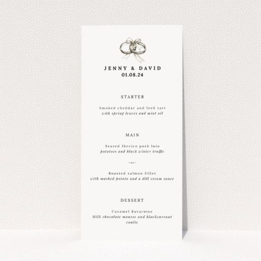 Knotting Hill wedding menu template - Understated elegance with sleek A5 format, monochromatic palette, and iconic wedding rings symbolizing unity and commitment. Perfect for couples seeking simple yet sophisticated design This is a view of the front