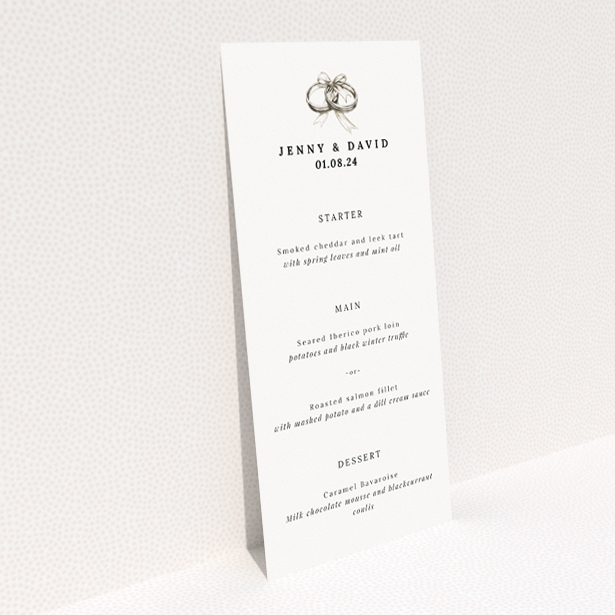 Knotting Hill wedding menu template - Understated elegance with sleek A5 format, monochromatic palette, and iconic wedding rings symbolizing unity and commitment. Perfect for couples seeking simple yet sophisticated design This is a view of the back