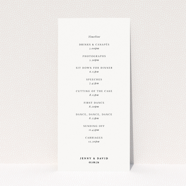 Knotting Hill wedding menu template - Understated elegance with sleek A5 format, monochromatic palette, and iconic wedding rings symbolizing unity and commitment. Perfect for couples seeking simple yet sophisticated design This is a view of the back