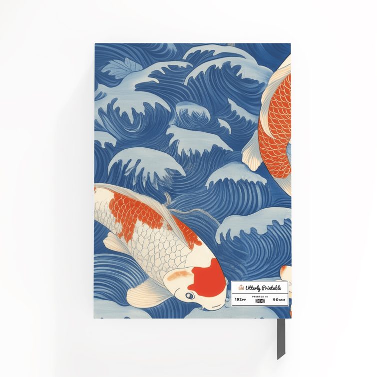 Floral and koi fish illustrated notebooks cover design with three photos, featuring blue and orange colour scheme for Utterly Printable stationery.