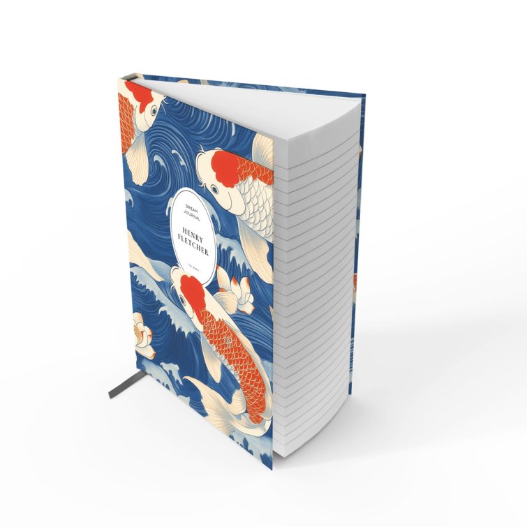 Floral and koi fish illustrated notebooks cover design with three photos, featuring blue and orange colour scheme for Utterly Printable stationery.