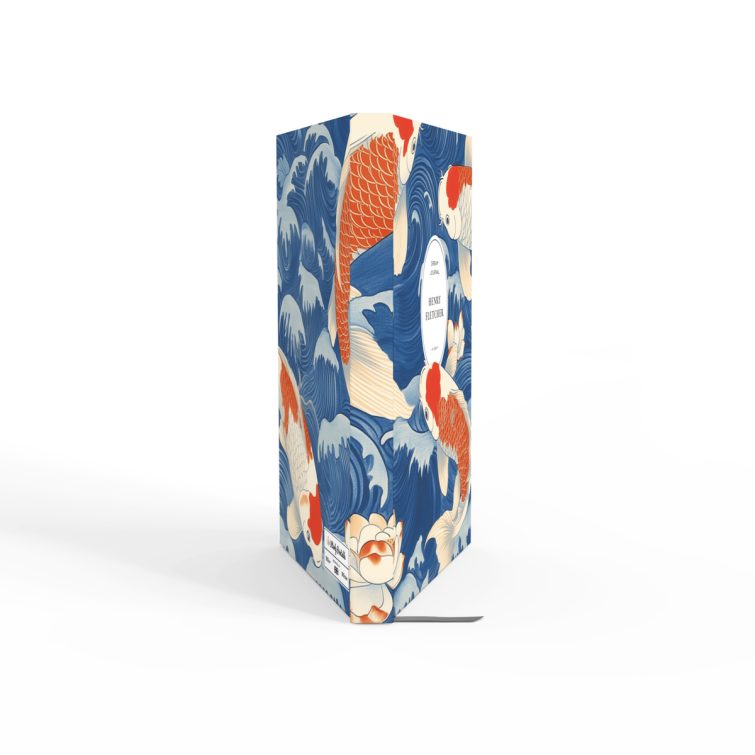 Floral and koi fish illustrated notebooks cover design with three photos, featuring blue and orange colour scheme for Utterly Printable stationery.