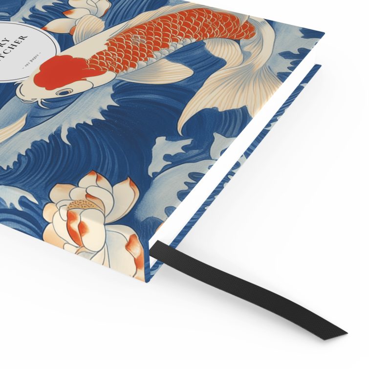 Floral and koi fish illustrated notebooks cover design with three photos, featuring blue and orange colour scheme for Utterly Printable stationery.