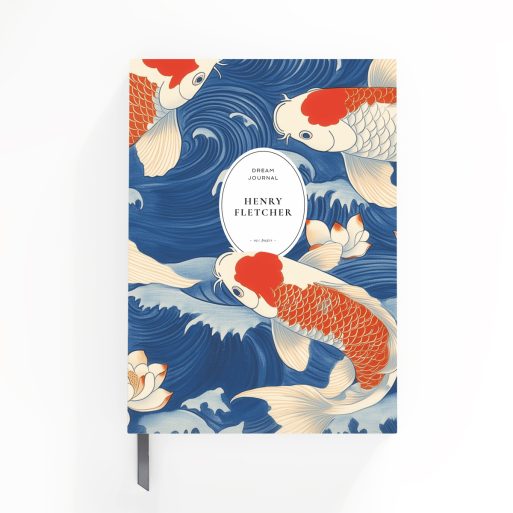 Floral and koi fish illustrated notebooks cover design with three photos, featuring blue and orange colour scheme for Utterly Printable stationery.