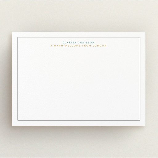 Custom Writing Stationery Design for Women - "A warm welcome" A ladies custom writing stationery template titled "A warm welcome". It is an A5 card in a landscape orientation. "A warm welcome" is available as a flat card, with tones of white and green.