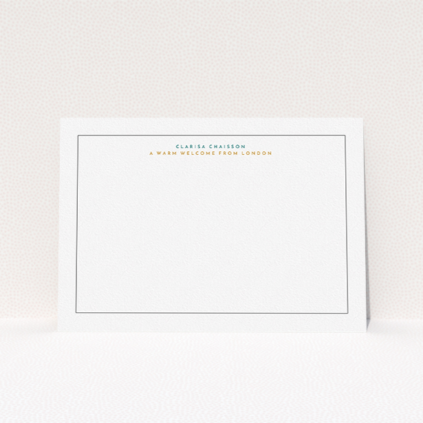 A ladies custom writing stationery template titled "A warm welcome". It is an A5 card in a landscape orientation. "A warm welcome" is available as a flat card, with tones of white and green.