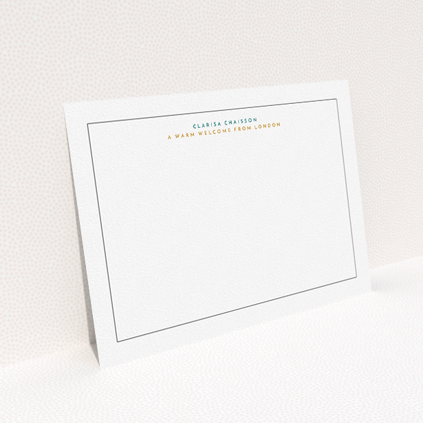 A ladies custom writing stationery template titled "A warm welcome". It is an A5 card in a landscape orientation. "A warm welcome" is available as a flat card, with tones of white and green.