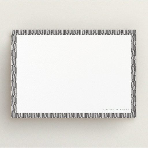 Custom Writing Stationery Design for Women - "All boxed up" A ladies custom writing stationery template titled "All boxed up". It is an A5 card in a landscape orientation. "All boxed up" is available as a flat card, with tones of black and white.