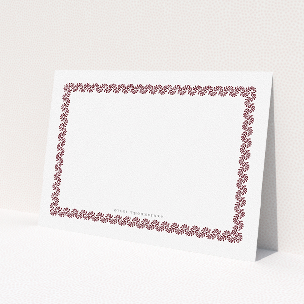 A ladies custom writing stationery design called "Around the garden wall maroon". It is an A5 card in a landscape orientation. "Around the garden wall maroon" is available as a flat card, with tones of burgundy and white.