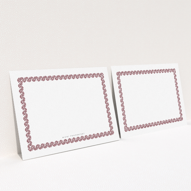 A ladies custom writing stationery design called "Around the garden wall maroon". It is an A5 card in a landscape orientation. "Around the garden wall maroon" is available as a flat card, with tones of burgundy and white.