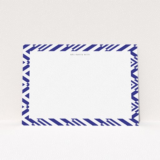 A ladies custom writing stationery design named "Blue diamonds". It is an A6 card in a landscape orientation. "Blue diamonds" is available as a flat card, with tones of blue and white.