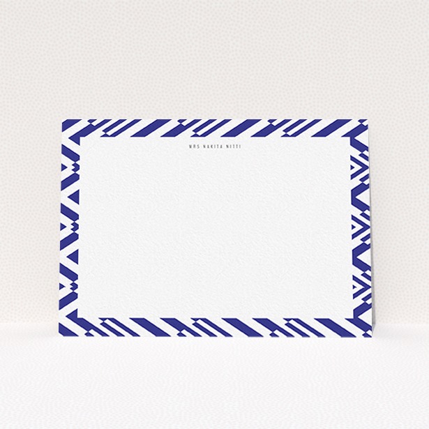 A ladies custom writing stationery design named "Blue diamonds". It is an A6 card in a landscape orientation. "Blue diamonds" is available as a flat card, with tones of blue and white.