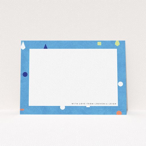 A ladies custom writing stationery design called "Capri". It is an A6 card in a landscape orientation. "Capri" is available as a flat card, with tones of light blue and orange.