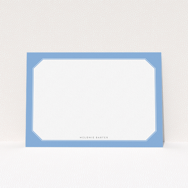A ladies custom writing stationery design called "Classic blue". It is an A5 card in a landscape orientation. "Classic blue" is available as a flat card, with tones of blue and white.