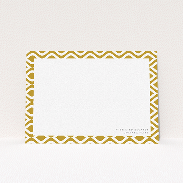 A ladies custom writing stationery design called "Classic whirl". It is an A6 card in a landscape orientation. "Classic whirl" is available as a flat card, with tones of gold and white.