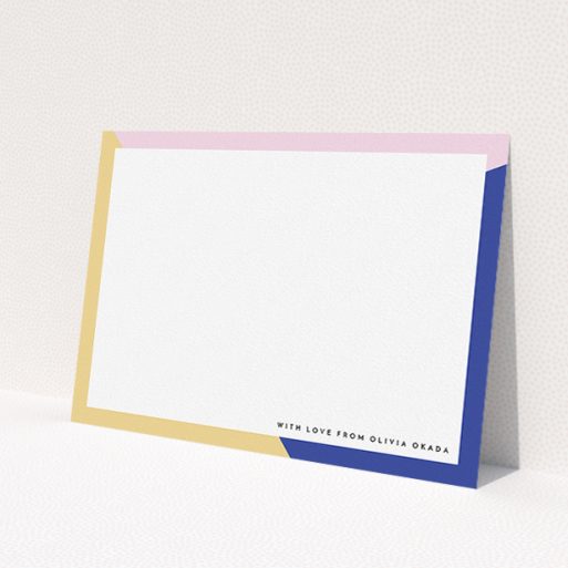 A ladies custom writing stationery design named 'Colour Thirds'. It is an A5 card in a landscape orientation. 'Colour Thirds' is available as a flat card, with tones of white, blue and pink.