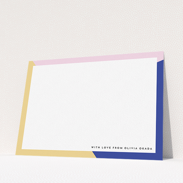 A ladies custom writing stationery design named "Colour Thirds". It is an A5 card in a landscape orientation. "Colour Thirds" is available as a flat card, with tones of white, blue and pink.