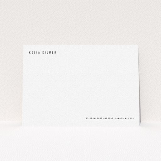 A ladies custom writing stationery called "Corner to corner". It is an A6 card in a landscape orientation. "Corner to corner" is available as a flat card, with mainly white colouring.
