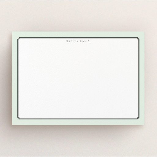 Custom Writing Stationery Design for Women - "Deco Mint" A ladies custom writing stationery named "Deco Mint". It is an A5 card in a landscape orientation. "Deco Mint" is available as a flat card, with tones of green and white.