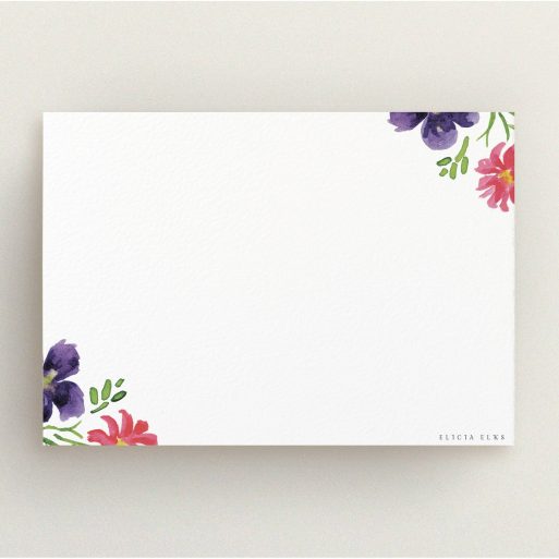 Custom Writing Stationery Design for Women - "Flowers encroaching" A ladies custom writing stationery called "Flowers encroaching". It is an A5 card in a landscape orientation. "Flowers encroaching" is available as a flat card, with tones of red, purple and green.