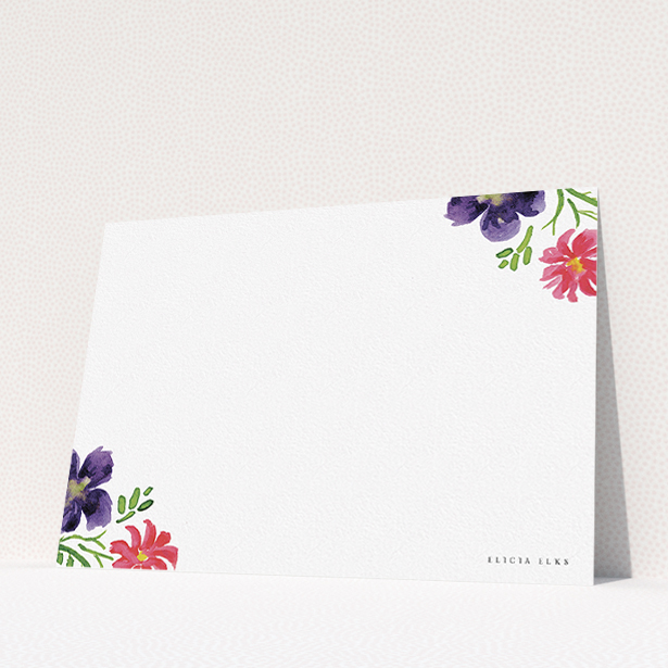 A ladies custom writing stationery called "Flowers encroaching". It is an A5 card in a landscape orientation. "Flowers encroaching" is available as a flat card, with tones of red, purple and green.