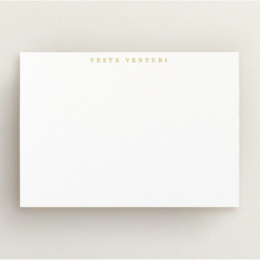 Custom Writing Stationery Design for Women - "Front centre" A ladies custom writing stationery named "Front centre". It is an A5 card in a landscape orientation. "Front centre" is available as a flat card, with tones of white and gold.