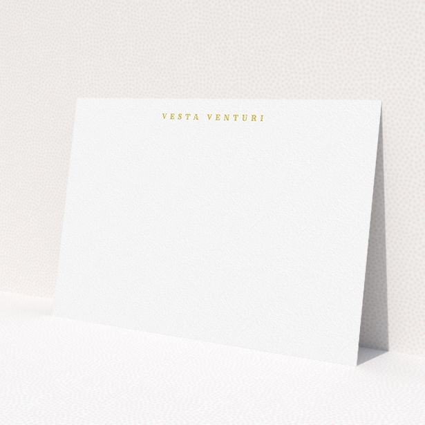 A ladies custom writing stationery named "Front centre". It is an A5 card in a landscape orientation. "Front centre" is available as a flat card, with tones of white and gold.