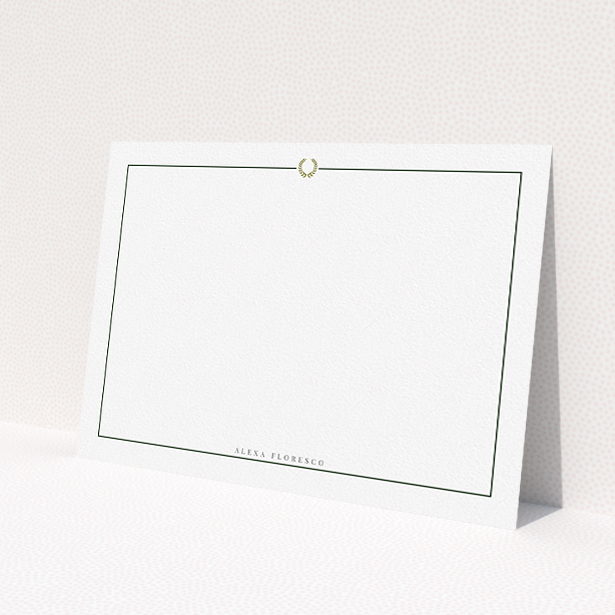 A ladies custom writing stationery template titled 'Greco'. It is an A5 card in a landscape orientation. 'Greco' is available as a flat card, with mainly white colouring.
