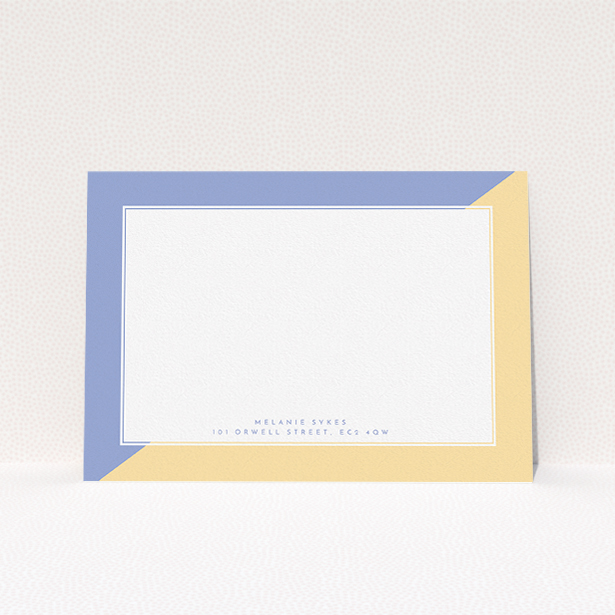 A ladies custom writing stationery design named "Half and Half". It is an A5 card in a landscape orientation. "Half and Half" is available as a flat card, with tones of yellow and purple.