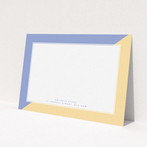 A ladies custom writing stationery design named 'Half and Half'. It is an A5 card in a landscape orientation. 'Half and Half' is available as a flat card, with tones of yellow and purple.