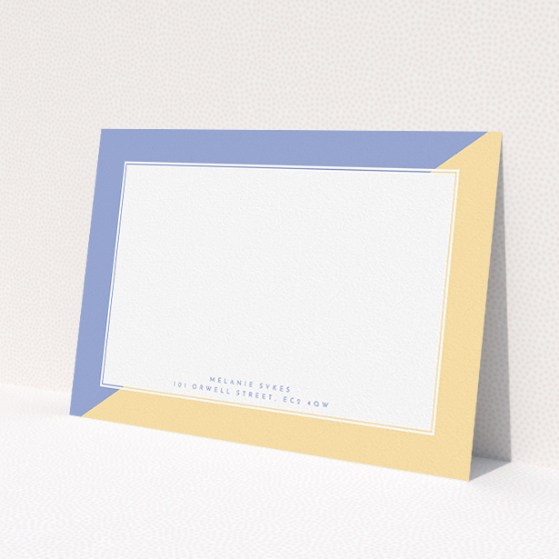 A ladies custom writing stationery design named "Half and Half". It is an A5 card in a landscape orientation. "Half and Half" is available as a flat card, with tones of yellow and purple.